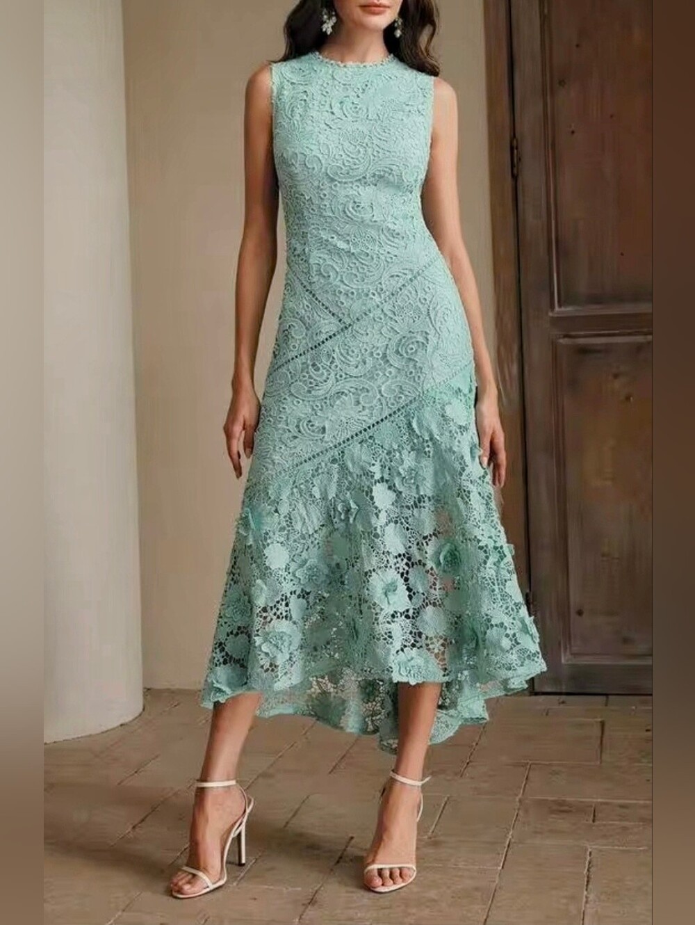 New Luxe Embroidered Floral Lace Asymmetrical Dress Sleeveless Green